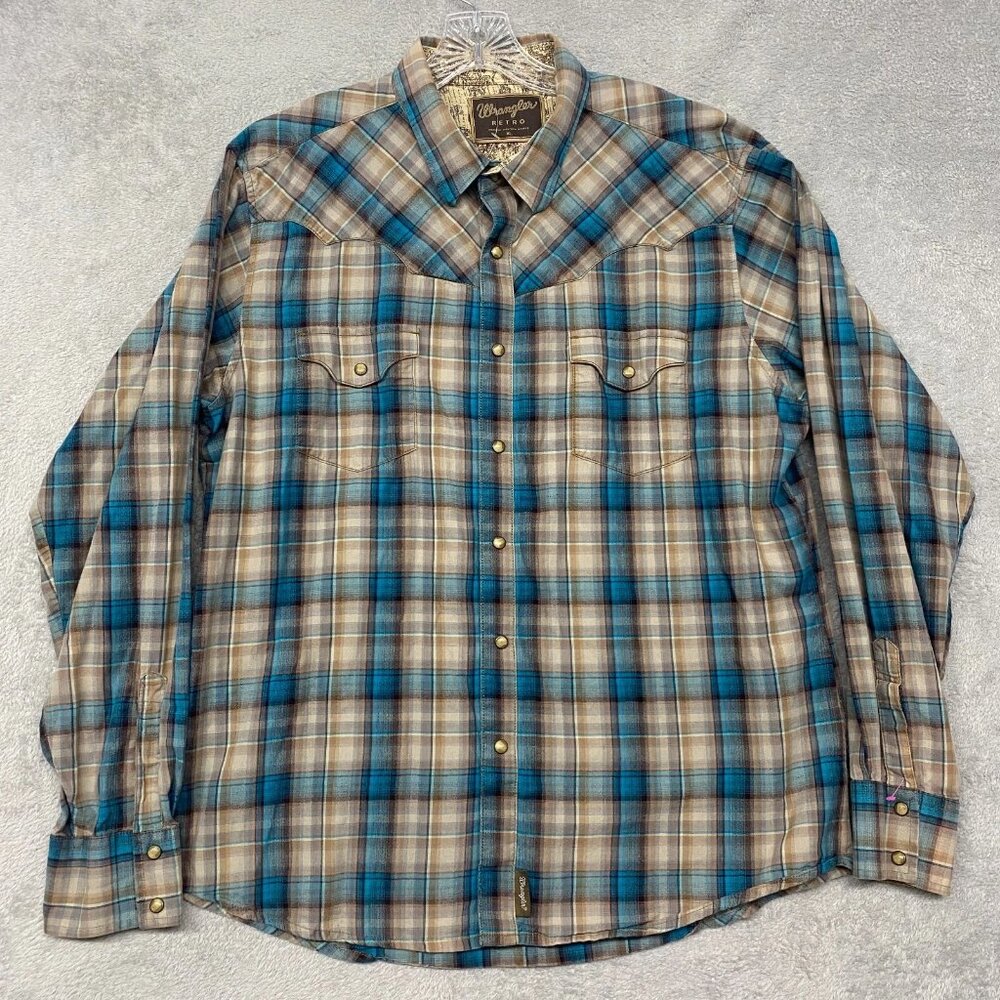 Wrangler Shirt Mens Extra Large Blue Retro Pearl Snap Plaid Western Cowboy